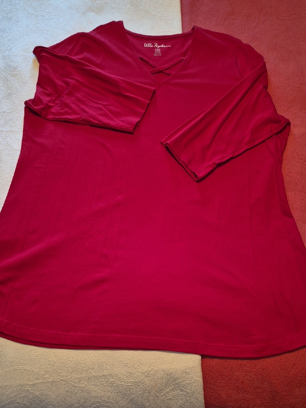 Ulla Popken Women's Long Sleeve V-Neck Top in Red